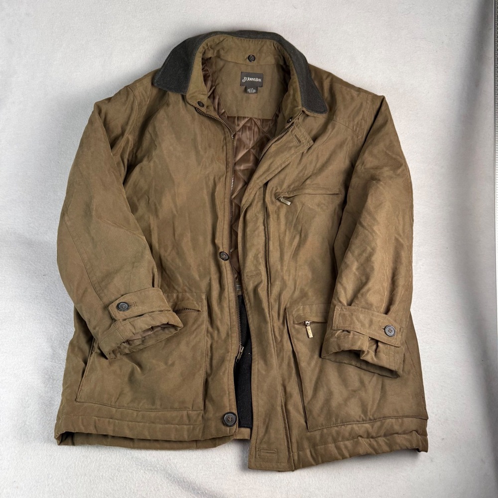 St Johns Bay Mens Brown Canvas Field Jacket Quilted Wool Blend Lining Large